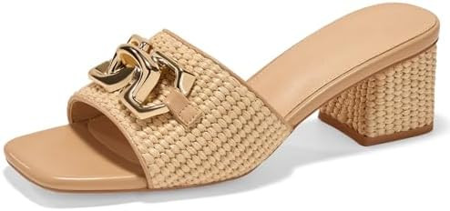 Women's Raffia Slide Sandals Square Open Toe Sandal Chunky Heeled Metal Chain Dressy Shoes | Amazon (US)