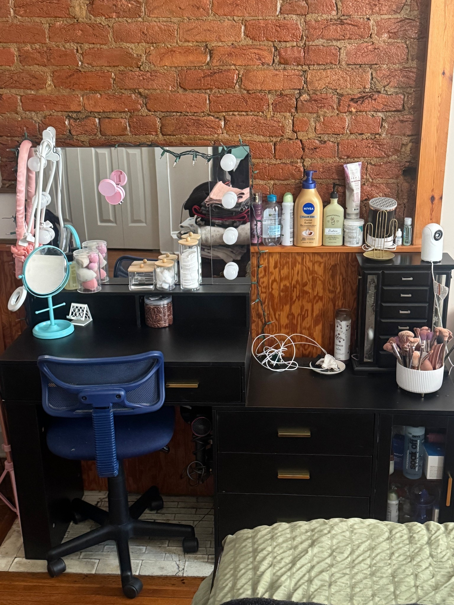 This very roomy vanity is great if you are a big makeup fan! I love using my vanity to do my makeup and unwind for the night! My vanity is also great for organizing my makeup and hair tools! I also have the amazing makeup brush organizer which helps keep my vanity even more organized! 

#LTKHome #LTKU #LTKBeauty