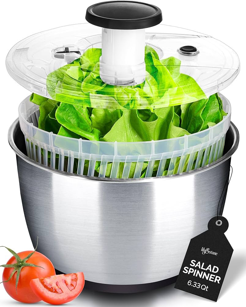 lily&stone Large Stainless Steel Pump Salad Spinner with Drain, Bowl, and Colander - Quick and Ea... | Amazon (US)