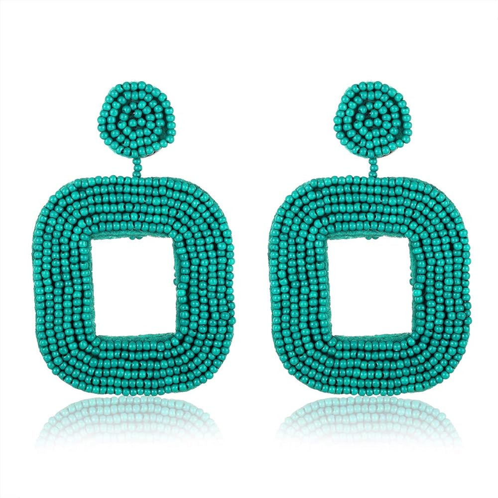 Boderier Beaded Drop Earrings Bohemian Wire Wrapped Beaded Square Hoop Dangle Statement Earrings | Amazon (US)