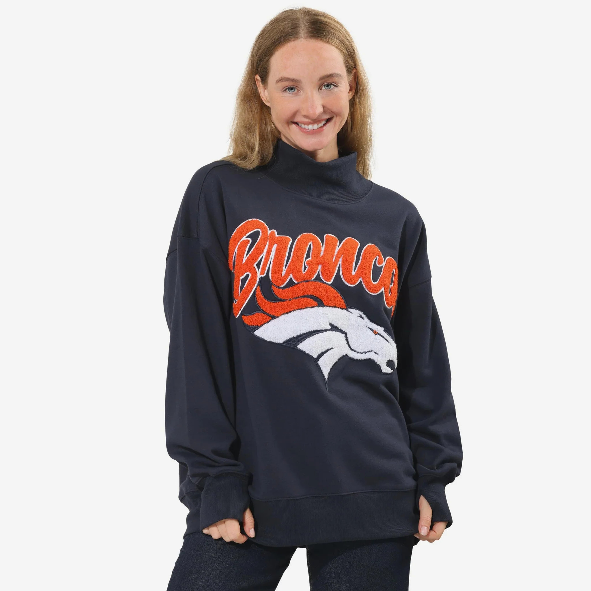 Denver Broncos Chenille Logo Oversized Mockneck Sweatshirt | FOCO inc