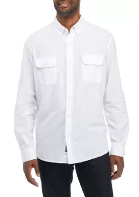 Crown & Ivy Men's Long Sleeve Woven Linen Cotton Button Up Shirt, White, Small | Belk