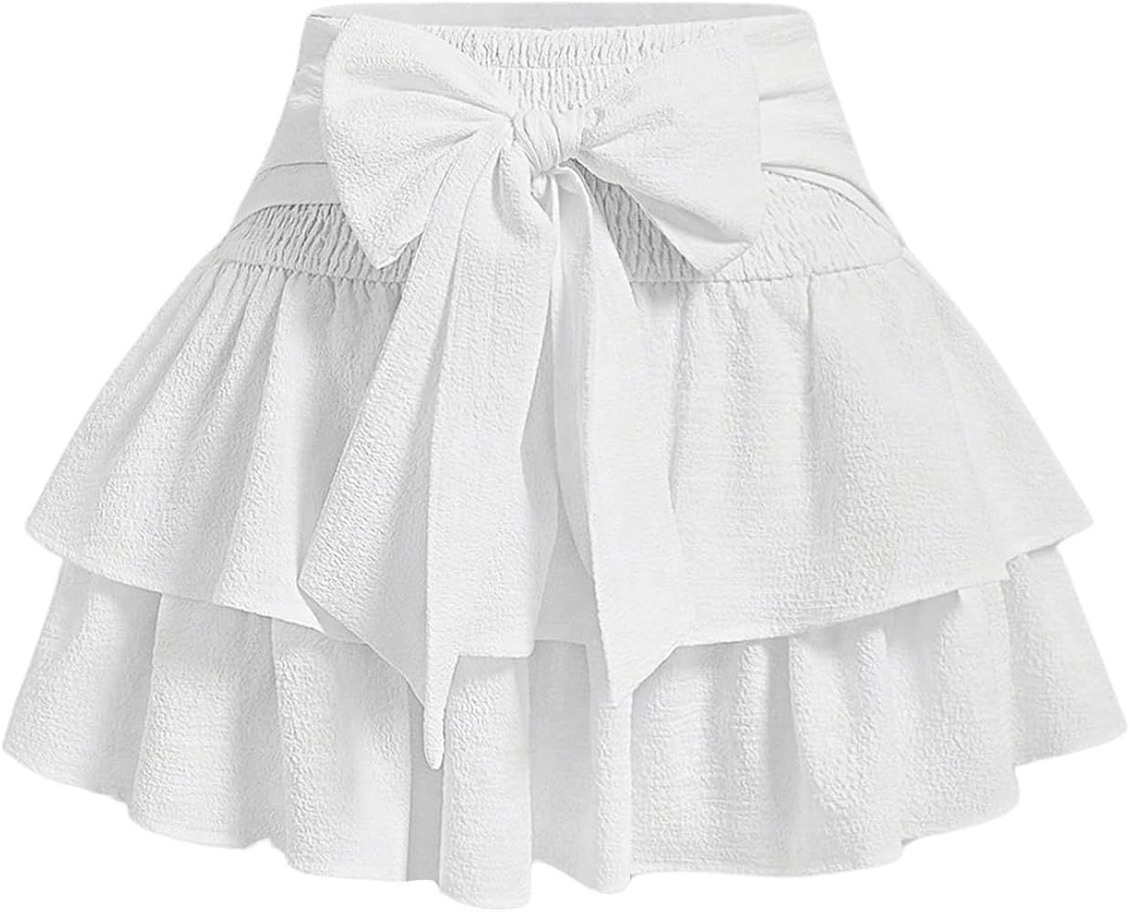 Women's Bow Front Mini Skirt High Shirred Waist Layered Ruffle Hem Short Cake Skirts | Amazon (US)