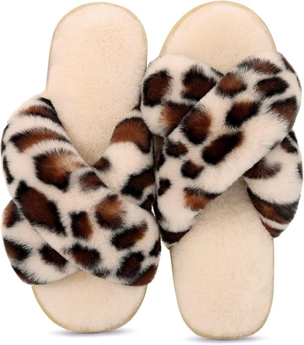 LongBay Women's Fuzzy Faux Fur Memroy Foam Cross Band Slide Slippers Open Toe House Shoes Sandals | Amazon (US)