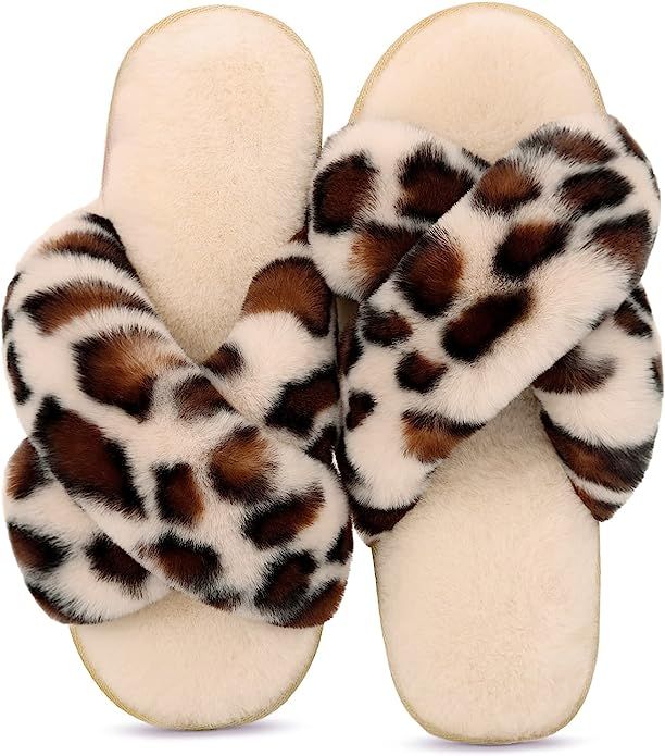 LongBay Women's Fuzzy Faux Fur Memroy Foam Cross Band Slide Slippers Open Toe House Shoes Sandals | Amazon (US)