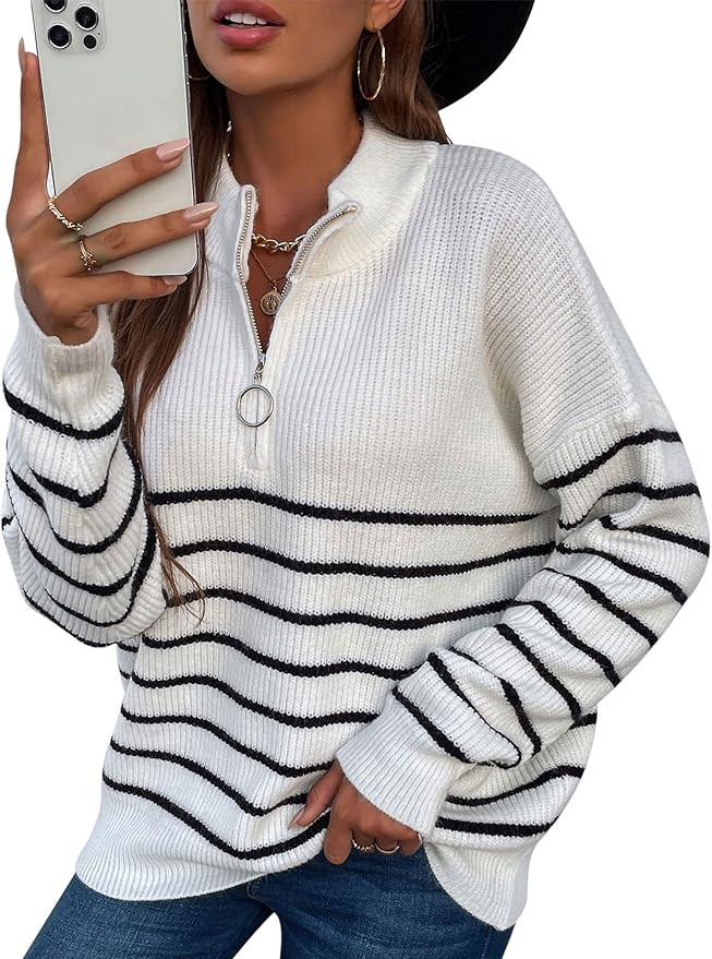 MAGIMODAC Women Striped Sweater Half Zip Oversized Pullover V Neck Casual Loose Long Sleeve Knitt... | Amazon (US)