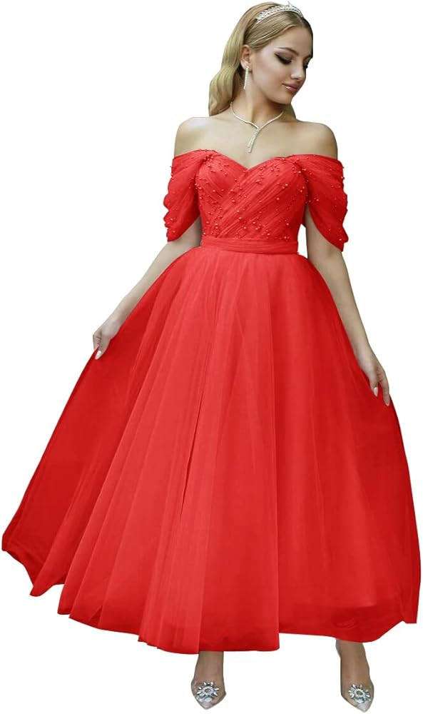 Tulle Tea Length Prom Dresses for Women Off The Shoulder Ball Gowns Teens Sweetheart Beaded Puffy... | Amazon (US)