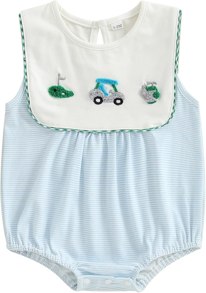 Newborn Baby Boy Golf Outfit Golf Cart Embroidery Bubble Romper Sleeveless Striped Bodysuit Infan... | Amazon (US)
