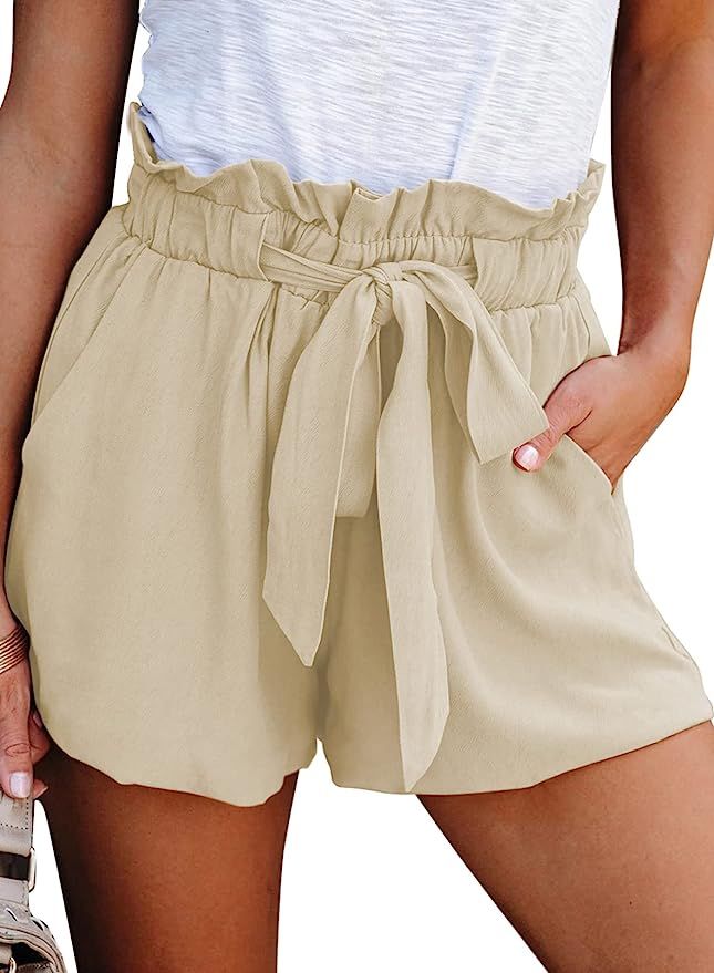 Dokotoo Womens Casual Summer Ruffle Belted Elastic Waist Shorts with Pockets | Amazon (US)