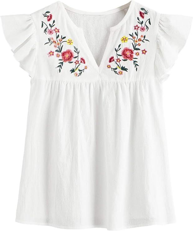 Floerns Women's Floral Embroidered V Neck Ruffle Cap Sleeve Peplum Blouse Top | Amazon (US)