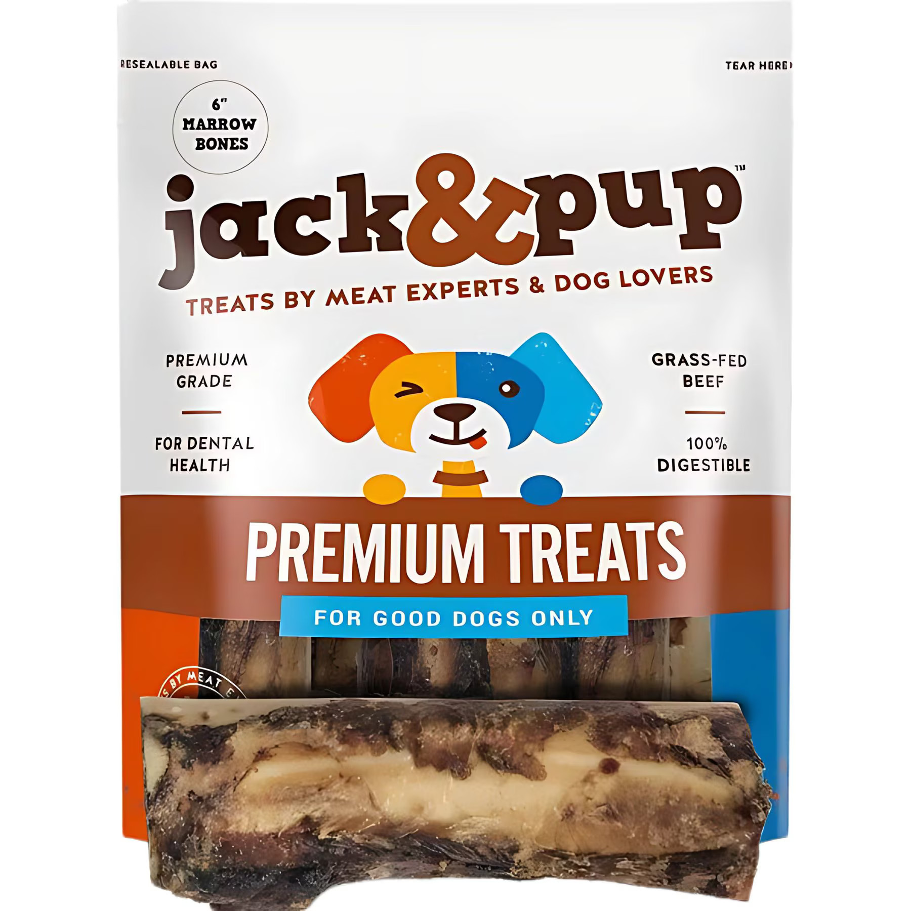 Jack & Pup Roasted Beef Marrow Bone 6" Dog Treats, 3 count | Chewy