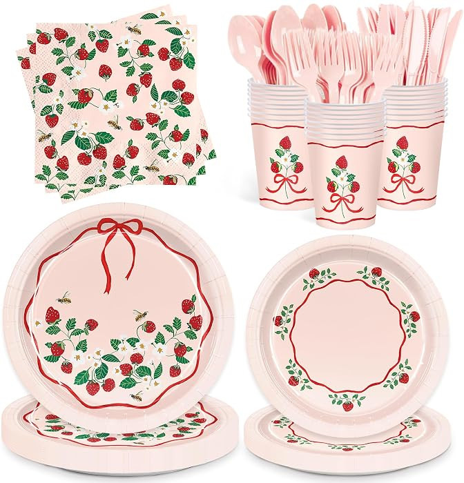 168pcs Strawberry Paper Plates Napkins Disposable Paper Cups Strawberry Tableware Set for Wedding... | Amazon (US)