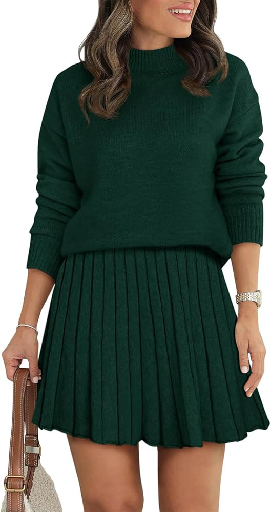 Women's Two Piece Outfits Turtleneck Long Sleeve Ribbed Knit Tops Pleated Mini Skirt 2025 Casual ... | Amazon (US)
