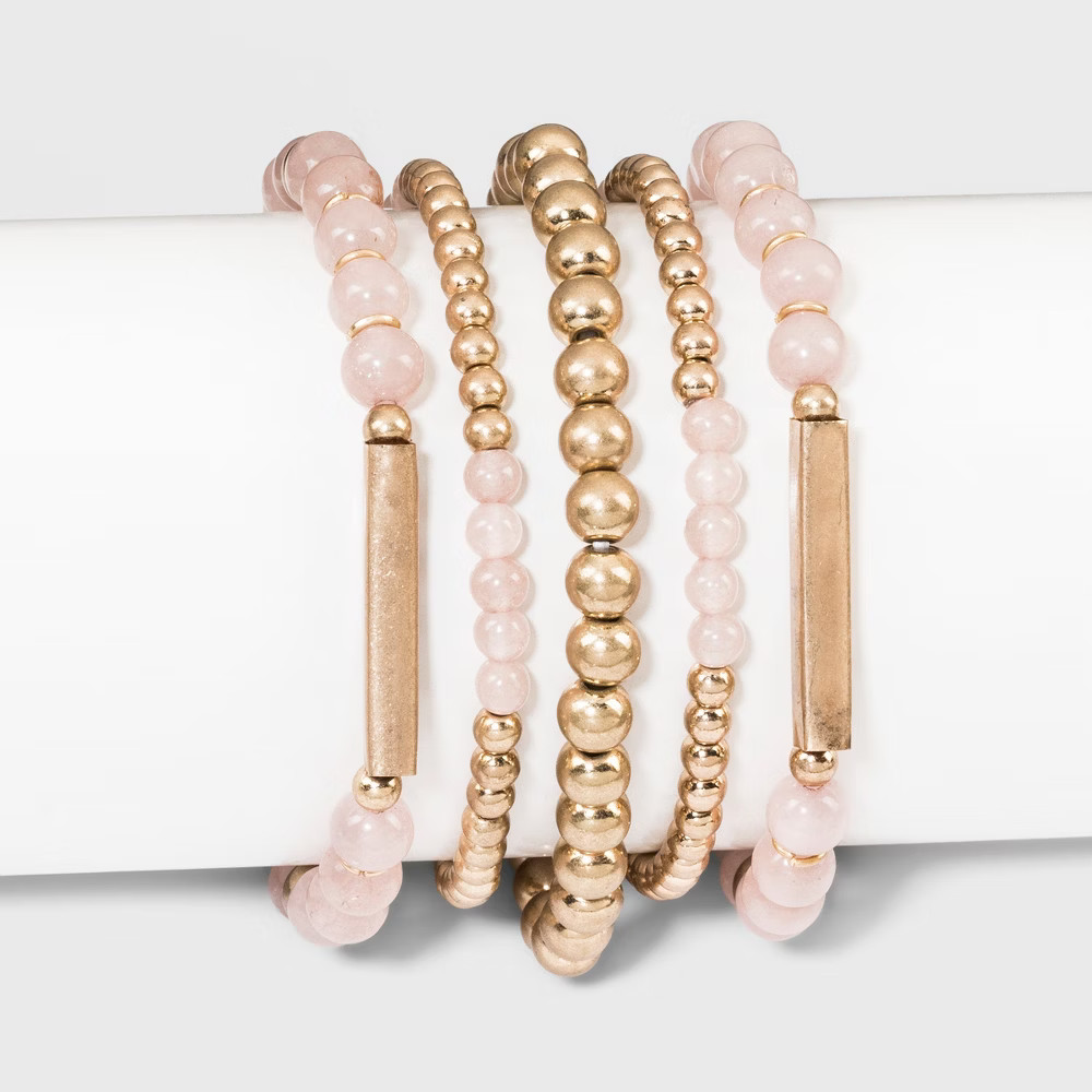 Semi Precious Pink Aventurine Fashion Bracelet Set - Universal Thread Pink/Gold | Target