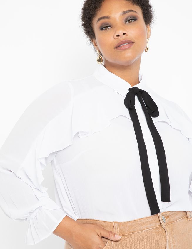 Ruffle Front Tie Neck Top - True White with Black Tie | Eloquii