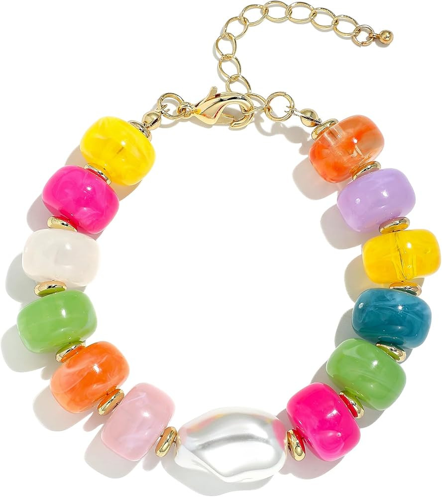 Chunky Beaded Bracelets for Women Boho Resin Bracelet with Pearl Colorful Acrylic Statement Handm... | Amazon (US)
