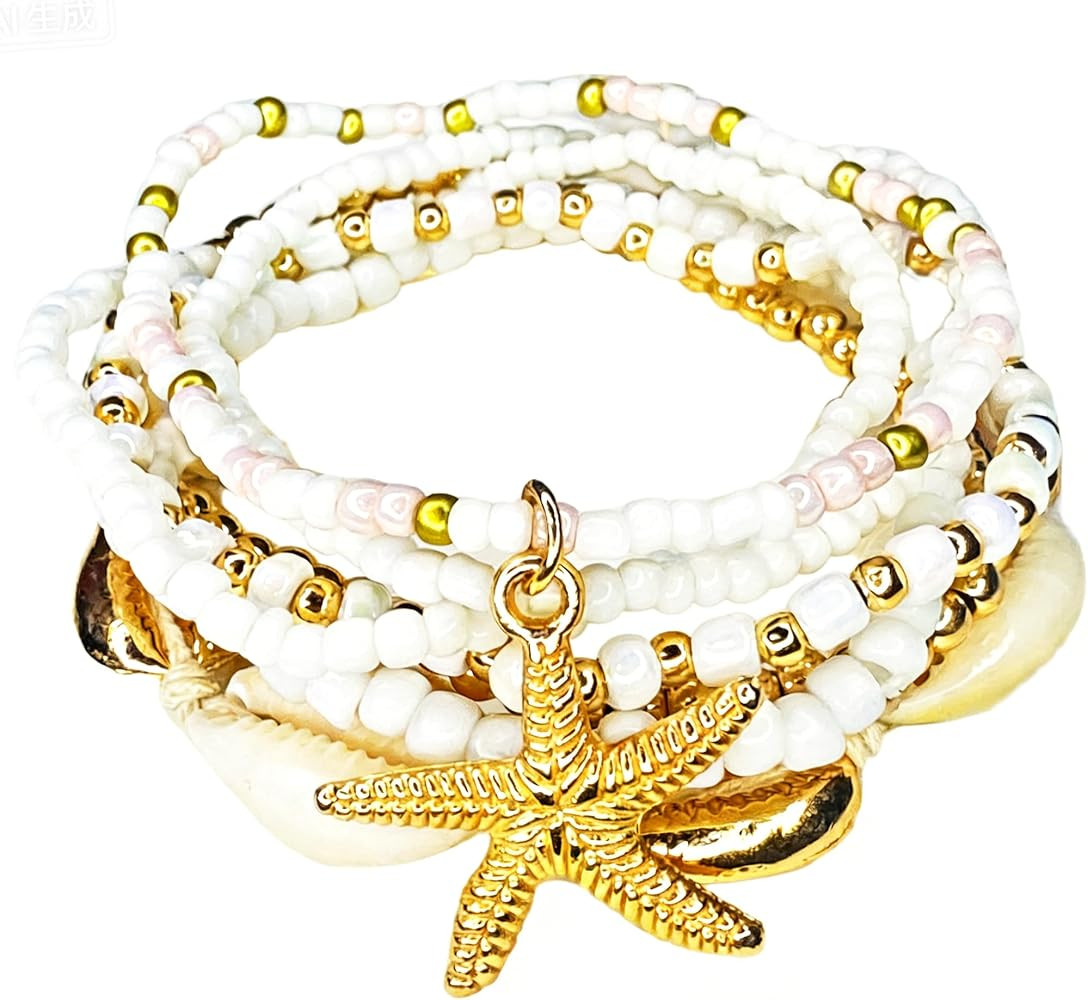 Bohemian 7 PCS Colorful Beaded Seashell Starfish Bracelet Set Beach Jewelry for Women Summer Beac... | Amazon (US)