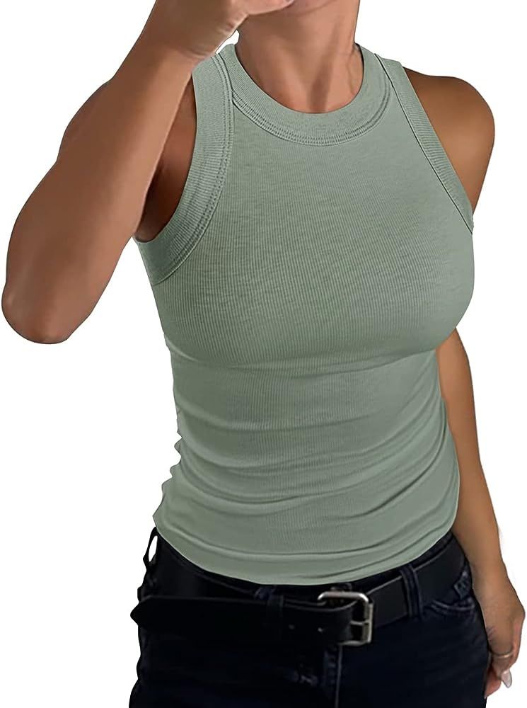 GEMBERA Womens Sleeveless Racerback High Neck Casual Basic Cotton Ribbed Fitted Tank Top | Amazon (US)
