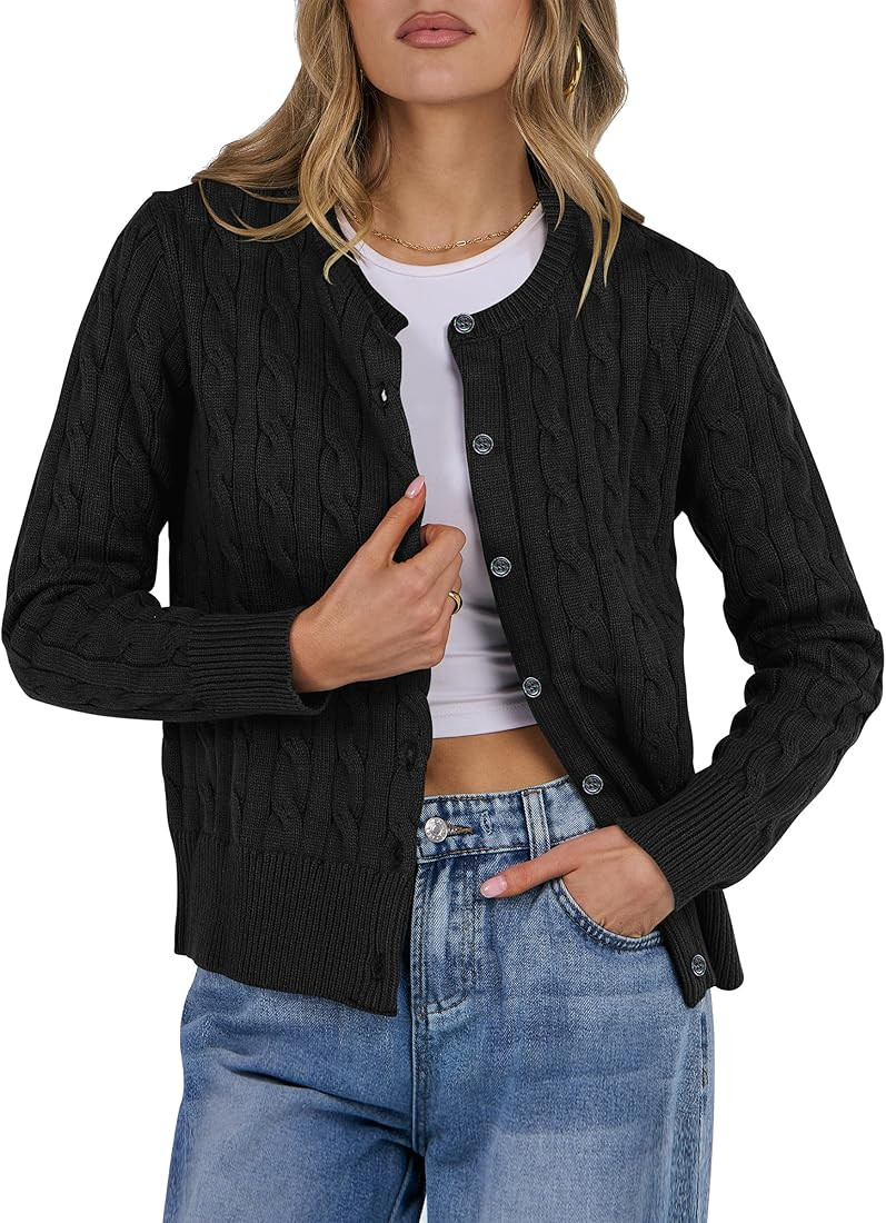 ANRABESS Women Cable Knit Cardigans Casual Dressy Long Sleeve Button Down Soft 2024 Fall Cropped ... | Amazon (US)