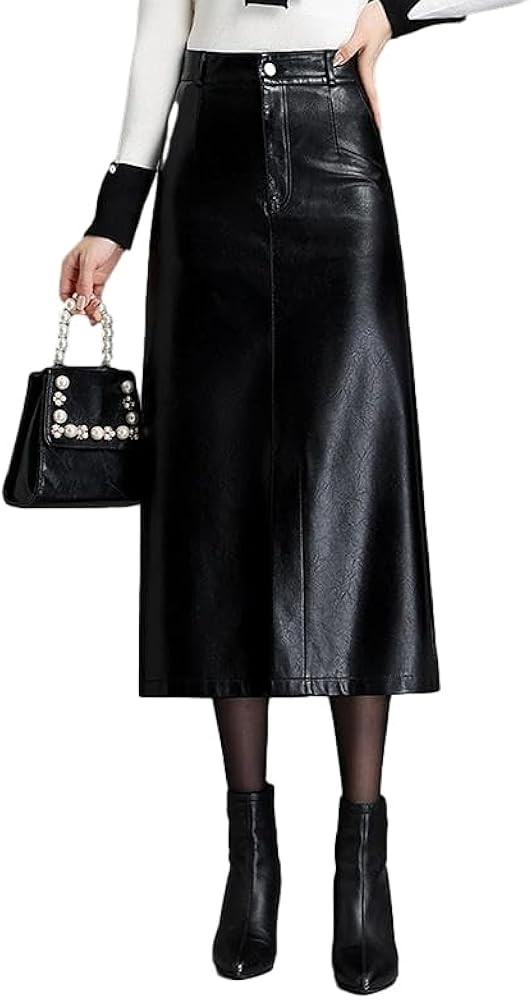 Long Leather Skirts for Women Casual High Waisted Fall Winter Bodycon Midi Skirt with Slit | Amazon (US)
