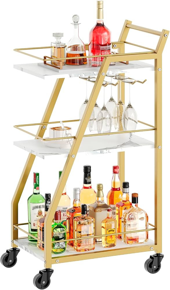 YATINEY Bar Cart, 3-Tier Home Bar Serving Cart with Wheels, Drink Cart with Glass Holder, Beverag... | Amazon (US)