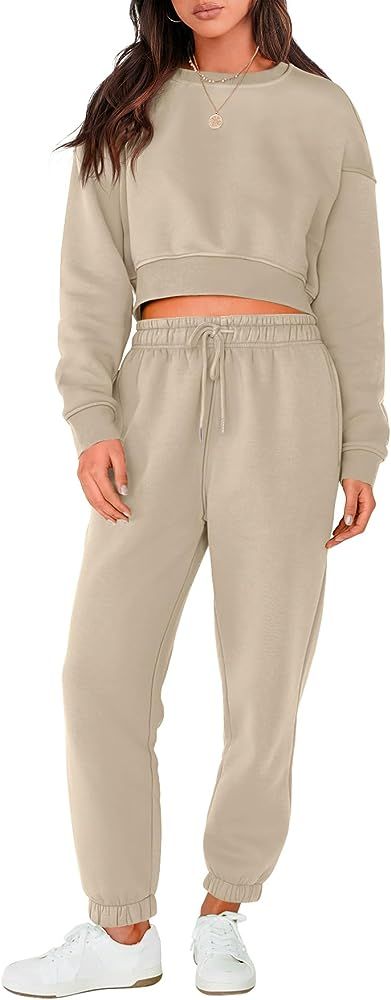ANRABESS Women's Two Piece Outfits Long Sleeve Crew Neck Crop Sweatsuit with Jogger Pants Lounge ... | Amazon (US)