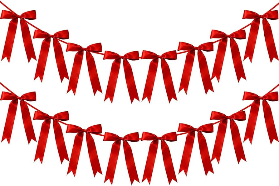 Red Bow Garlands Banner Decoration, 6.7FT x 2 Strands Pre-Strung Satin Ribbon Party Decor for Coq... | Amazon (US)