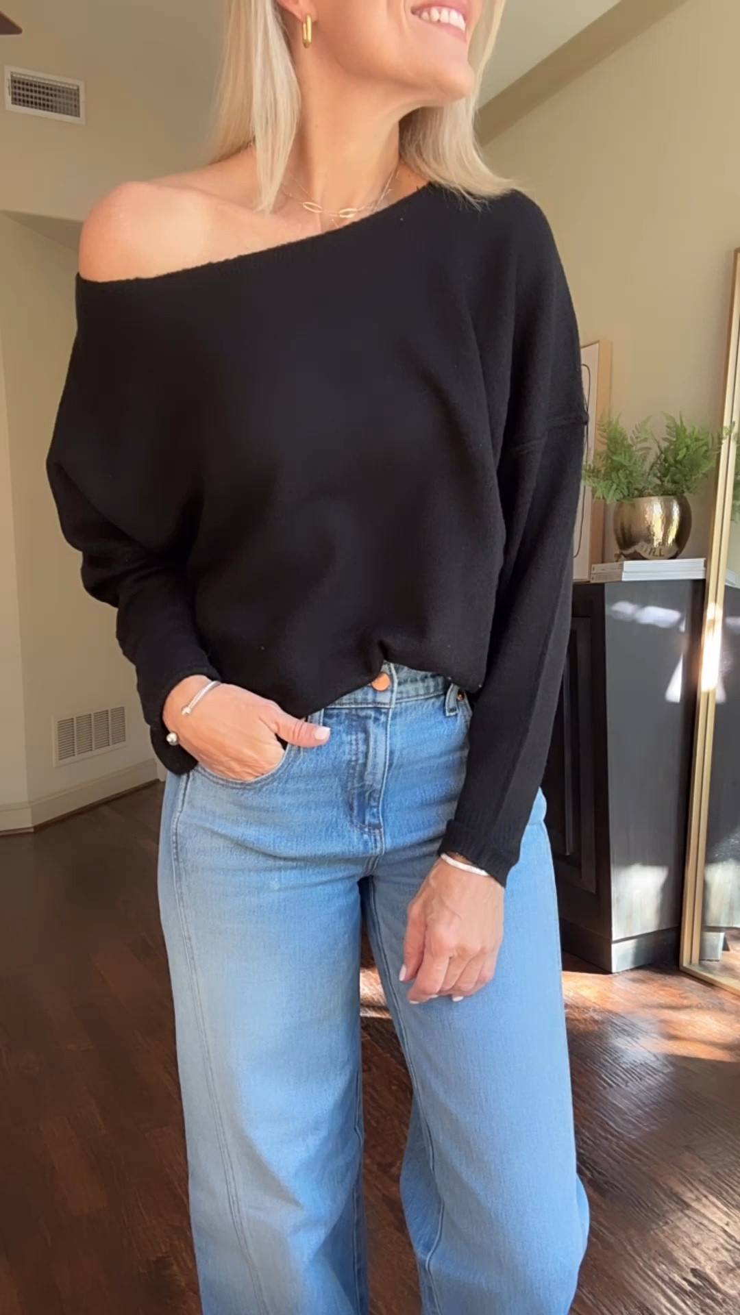 Evereve fall finds - just so good! This first sweater and long wide leg denim are EXCLUSIVES to Evereve. Fit is so good, & true to size 
Sweater is lightweight, soft and  can be worn off the shoulder or not.
The waffleknit  sweater feels like a blanket it is so soft. And can be worn on its own or layered under cardigans or blazers.  The other two sweaters are so unique

Wearing small in all sweaters
Denim - long denim wearing noral size 27
Cropped denim - wearing normal size of 6 (does have lots of stretch,  between sizes, size down)


#LTKOver40 #LTKSeasonal #LTKStyleTip