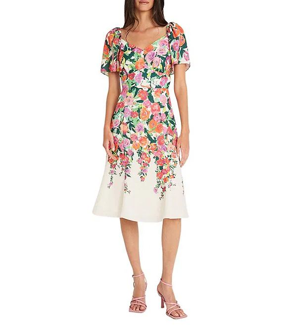 Floral Sweetheart Neck Short Flutter Sleeve Midi Dress | Dillard's