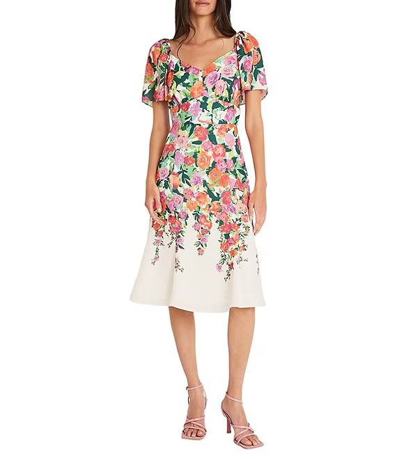 Floral Sweetheart Neck Short Flutter Sleeve Midi Dress | Dillard's