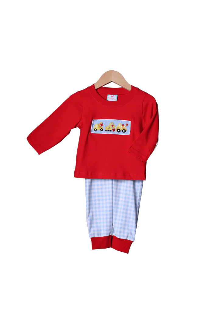 Smocked Construction Heart Red and Blue Gingham Jogger Set | The Smocked Flamingo