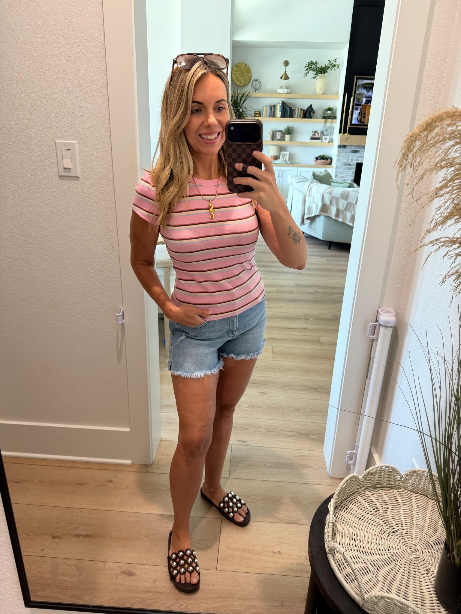 Sized up in the tee to medium and shorts are tts. Love my AE shorts from last year but they brought them back this year! This American Eagle tee is so cute and soft. My self tanning lotion did wonders on these legs!!! 

#LTKootd #LTKmomlife