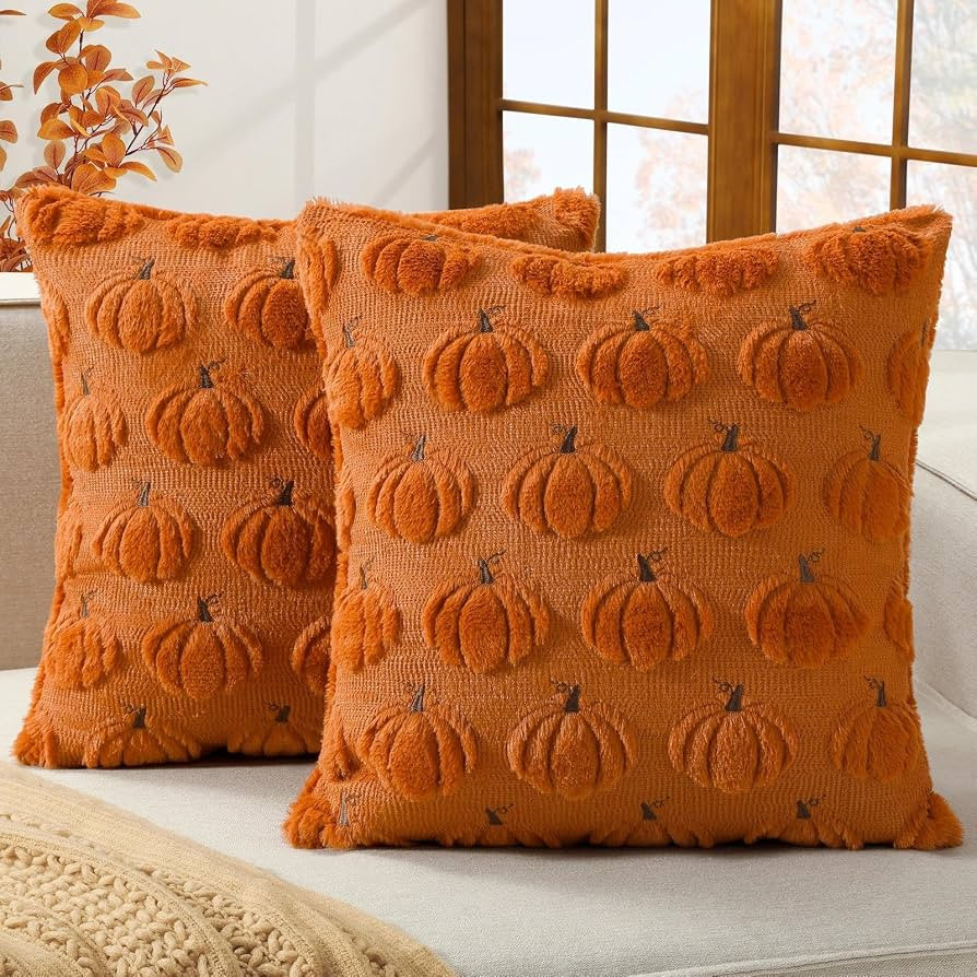 Softalker Fall Throw Pillow Covers 18x18 Set of 2 Rust Orange Pumpkin Decor | Amazon (US)