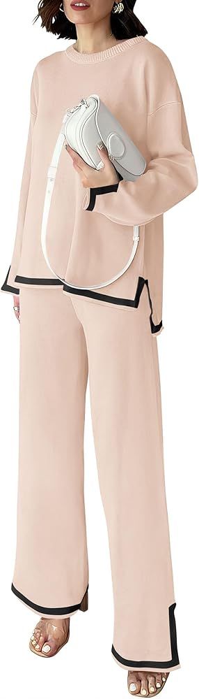 PRETTYGARDEN Women's 2 Piece Knit Sweater Set Casual Long Sleeve Pullover Wide Leg Pants Sweatsui... | Amazon (US)