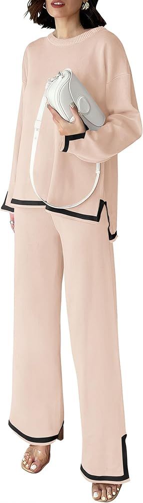 PRETTYGARDEN Women's 2 Piece Knit Sweater Set Casual Long Sleeve Pullover Wide Leg Pants Sweatsui... | Amazon (US)