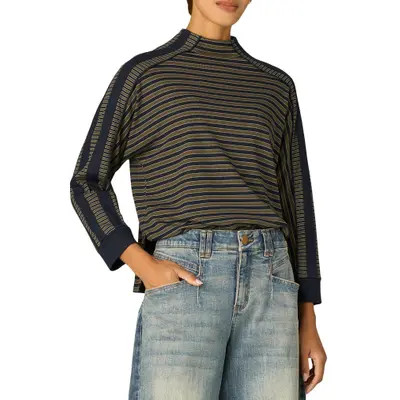 Wit & Wisdom Stripe Mock Neck Rib Top (Petite0 in Forest Moss/ocean Teal at Nordstrom, Size Medium | Nordstrom