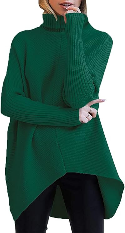 ANRABESS Womens Turtleneck Oversized Sweater 2023 Long Batwing Sleeve Asymmetric Hem Casual Knit Pullover Tunic Sweater | Amazon (US)