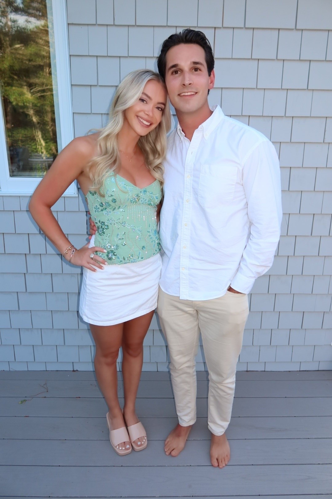 Vacation dinner look ✨🌊
Wearing a sparkly open-back Amazon top (the zigzag straps are everything) with a white mini skirt and nude heels. The perfect summer dinner outfit.

Mike is in his go-to Lands’ End long sleeve polo and tan pants ~ classic and effortless. Linking both of our looks. 🤍💚

#LTKMens #LTKTravel #LTKootd