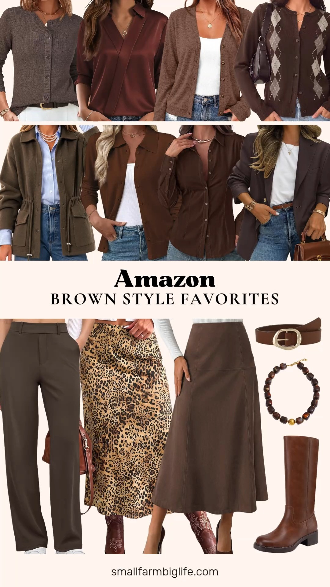 These brown style favorites from Amazon have such an easy, elevated feel perfect for business casual workwear this fall.

Starting with cardigans, the brown CiCiBird Collared Drawstring Sweater Jacket and the heather brown LILLUSORY Lightweight V Neck Cardigan are both great office to weekend layering pieces, and the brown Arach&Cloz Wool Blend Cardigan, the brown EVALESS Lightweight Cardigan, and the brown GRACE KARIN Argyle Cardigan round out the layering options nicely for cozy teacher outfits or the office.

For blouses, the brown LOMON Satin V Neck Blouse and the brown PRETTYGARDEN Button Down Blouse are both dressy enough for the office, and the brown PRETTYGARDEN Blazer finishes the look with a polished, notch lapel silhouette.

On the bottoms side, the brown COPYLEAF Wide Leg Dress Pants are such a comfortable, professional staple, and the brown PRETTYGARDEN Faux Suede A Line Midi Skirt brings a vintage, elegant touch. The brown cheetah luvamia Satin Leopard Print Maxi Skirt adds a fun, flowy statement piece for date night outfits.

Finishing the look, the brown and gold Earnda Leather Belt and the brown and gold Mchic Chunky Beaded Necklace both add a nice detail, and the brown DREAM PAIRS Platform Chunky Riding Boots round out the outfit with a comfortable, trendy shoe.

So many rich brown pieces to build easy autumn outfits around this season, all linked for you.

#amazonfashion #fallfashion #falloutfits #businesscasual #autumnoutfits 

 #LTKootd #LTKOver40 #LTKWorkwear