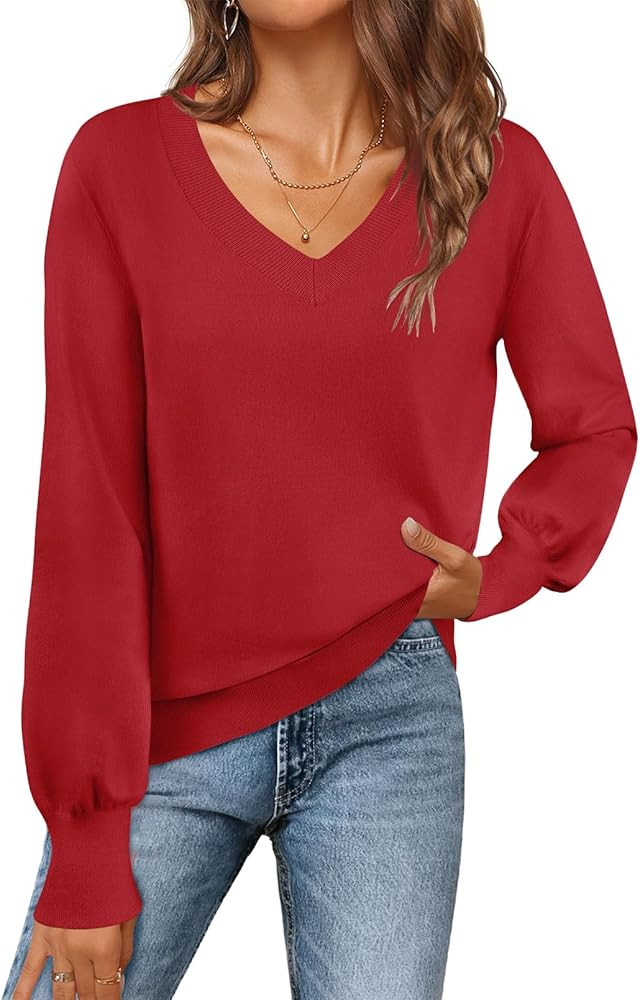 MEROKEETY Women's 2025 Fall Long Sleeve Sweater V Neck Winter Tops Casual Lightweight Knit Pullov... | Amazon (US)