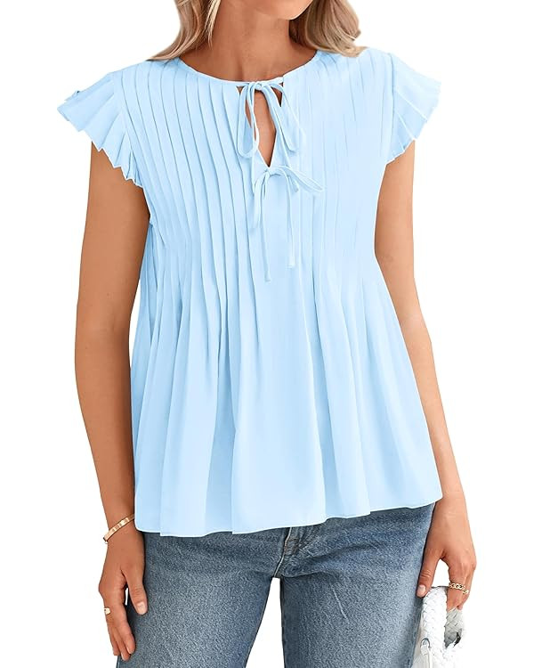 BTFBM Women Summer Casual Shirt 2025 Resort Outfits Ruffle Cap Sleeve Front Bow Tie Tops Loose Fl... | Amazon (US)