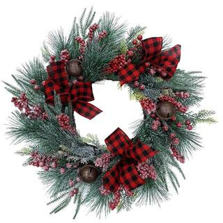 Fraser Hill Farm 24 in. Frosted Artificial Christmas Wreath with Red Berries, Plaid Bows and Rust... | The Home Depot