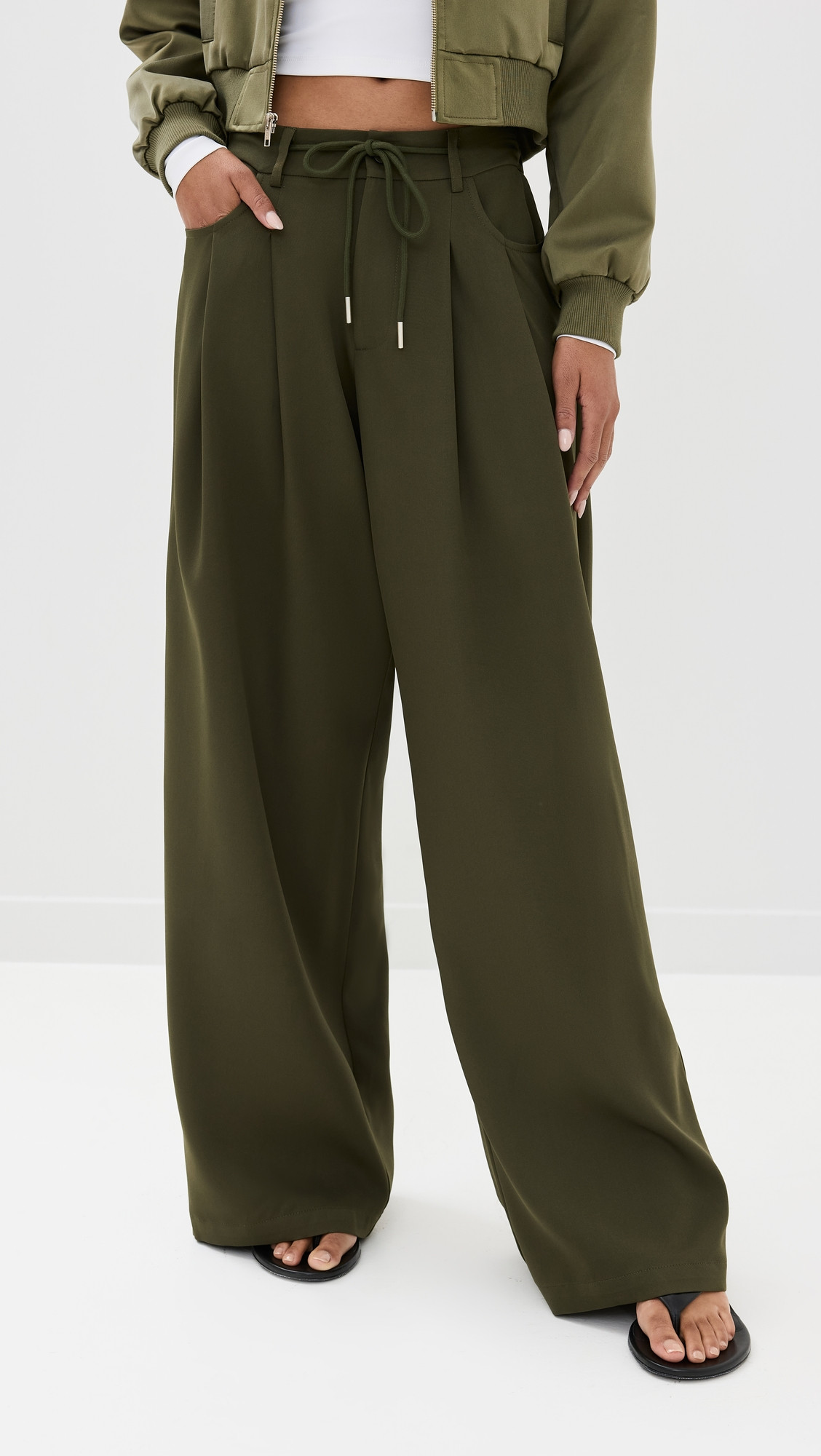 Lioness Slouched Tie Up Pants Army Green M | Shopbop