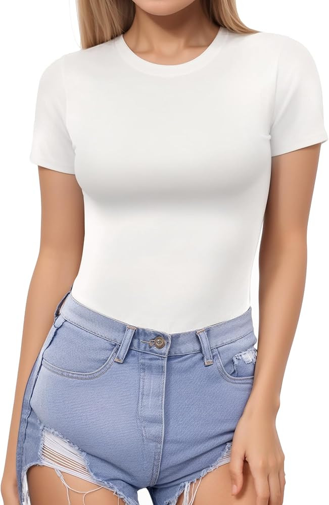 MANGOPOP Fitted Crew Neck Short Sleeve Shirts for Women Basic Tees Tops | Amazon (US)