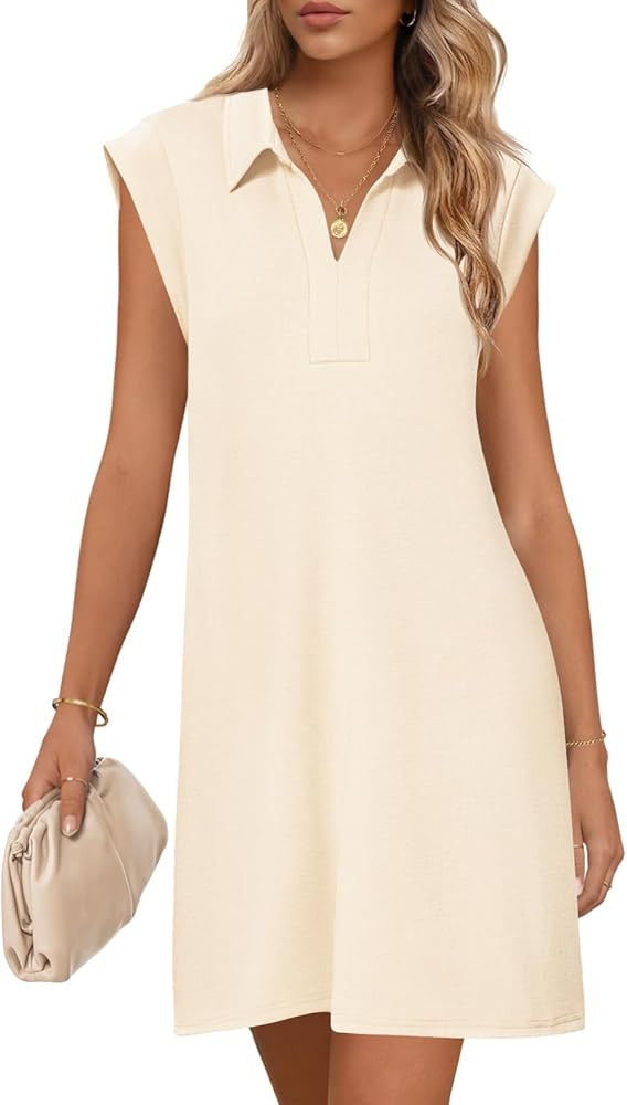 MEROKEETY Women's 2026 Summer Short Sleeve Mini Dress Casual Collared V Neck Loose T Shirt Dresse... | Amazon (US)