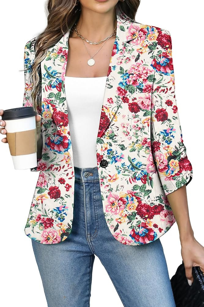 ELLEVEN Women's Ruched 3/4 Sleeve Blazers, Lightweight Slim Fit Jackets with Padded Shoulder for ... | Amazon (US)