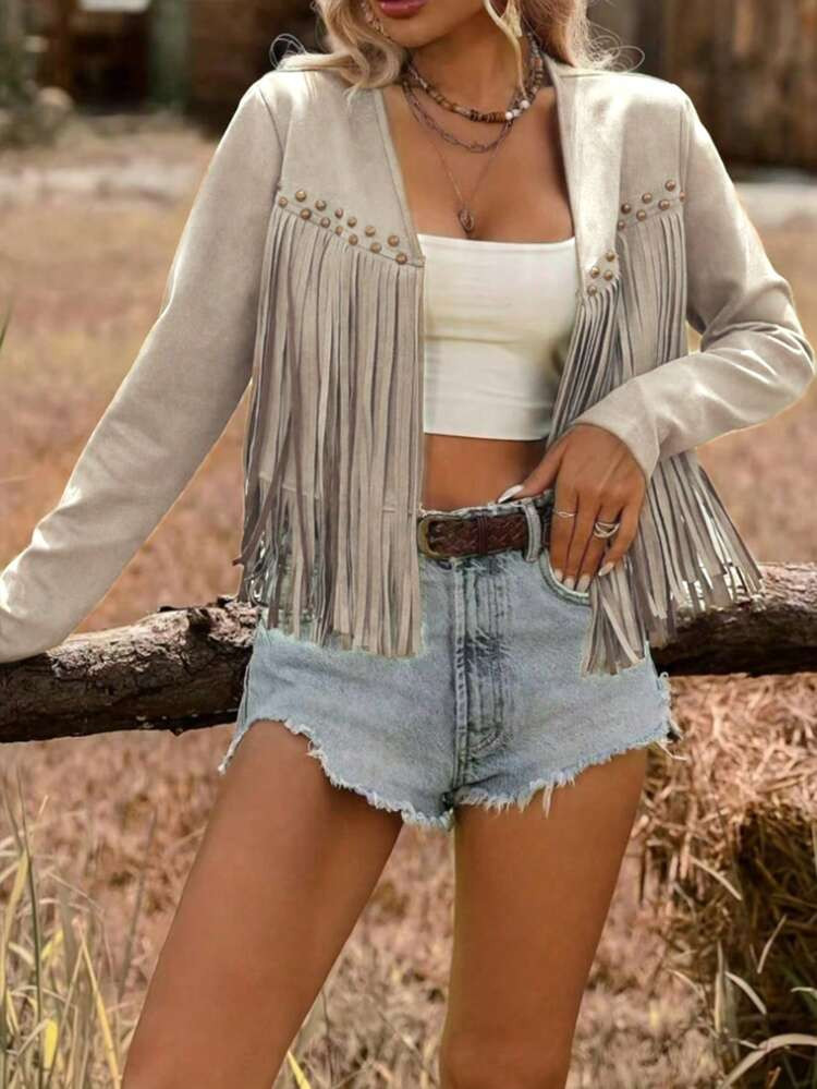 Women's Western Style Rivet Fringe Jacket | SHEIN