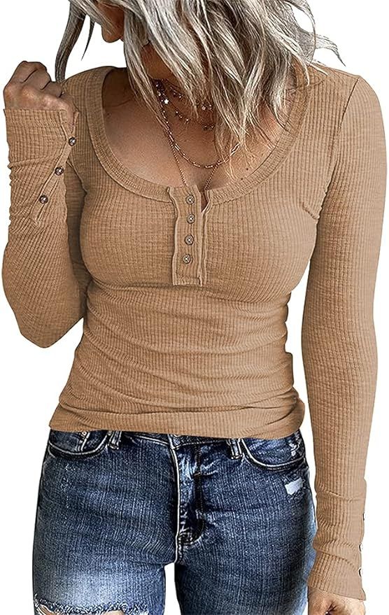 WAYMAKER Women's Henley Shirts Long Sleeve Button Down Tunic Tops Scoop Neck Ribbed Knit Slim Fit... | Amazon (US)