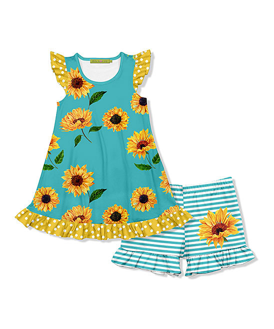 Millie Loves Lily Girls' Casual Shorts - Turquoise Sunflower Angel-Sleeve Top & Stripe Shorts - Girl | Zulily