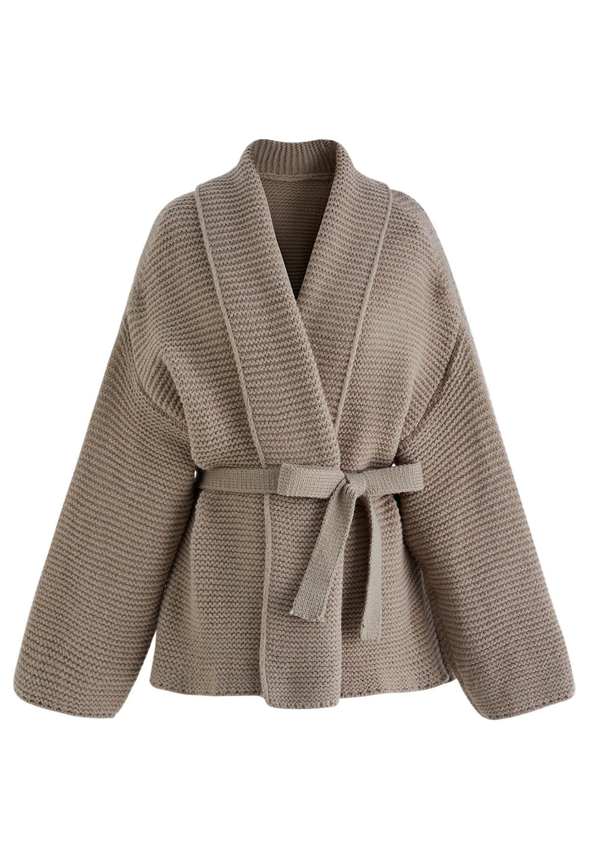 Collared Self-Tie Wrap Waffle Knit Cardigan in Light Tan | Chicwish